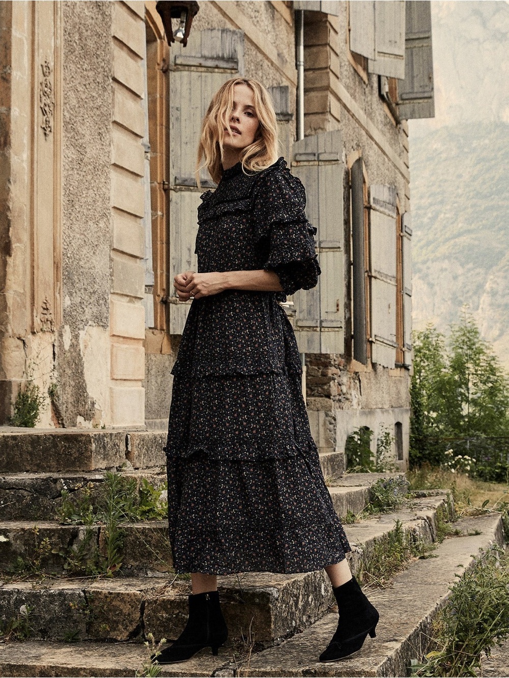 Doen Clay Dress in Black Marfa Size Small Midi Ruffle Floral
